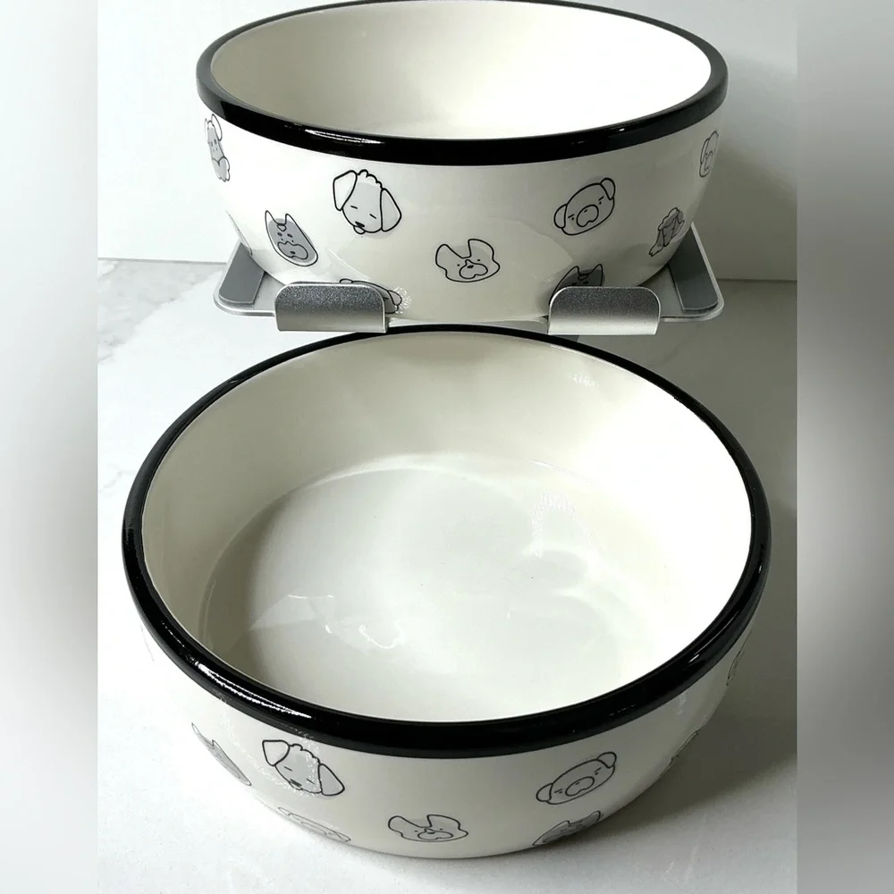 2 Gray Dog Faces Pattern Ceramic Dog Bowl Medium Water and Food Dish Microwave